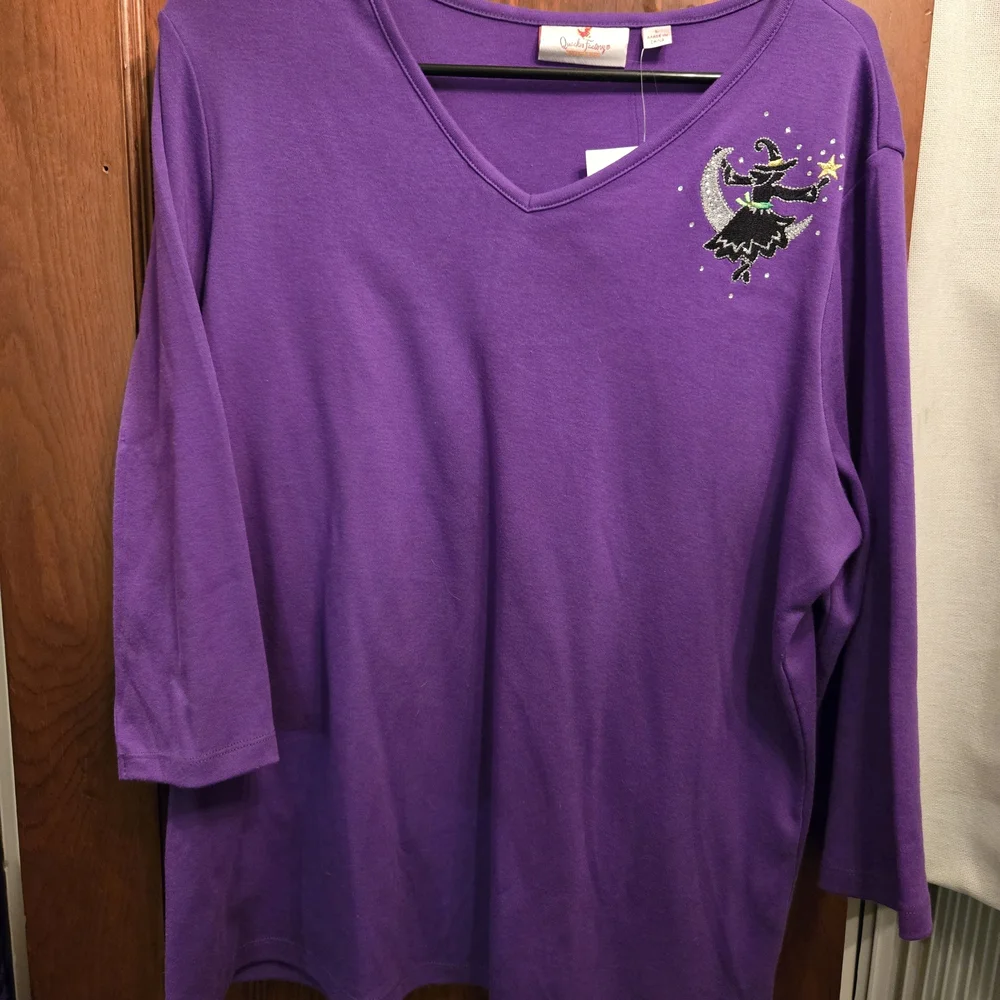 Quacker Factory Purple Long Sleeve Top with Embroidered Witch Design - Picture 1 of 2